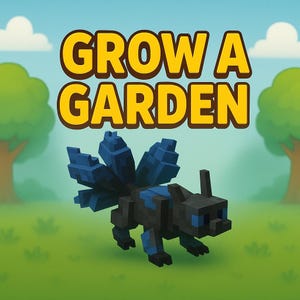 Puede incluir: Una criatura pixelada negra y azul con grandes plumas de cola azules estilizadas se encuentra sobre hierba verde. El texto "GROW A GARDEN" está en amarillo, delineado en marrón, encima de la criatura. El fondo presenta árboles y un cielo azul.