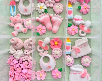 Baby Girl Shower Sugar and Icing Deco Set with Case / Baby Shower Edible Toppers/ Cupcake Decorations / Baby Girl Dessert Toppings