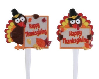 Happy Thanksgiving Turkey Toppers / Comical Turkey Cupcake Picks / Turkey Food Picks/ 12