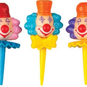 Clown Head Picks With Ruffles & Bowties Assorted Bright Colors   Silly Clowns perfect Cupcake Toppers for Toddlers  and Preschoolers