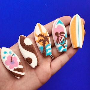 Surfboard Sugar Pieces / Edible Beach Toppers / Cupcake Toppers / Sugar Cake Decorations / Beach Cake / Ocean Surfing Theme Pack of 5 image 1