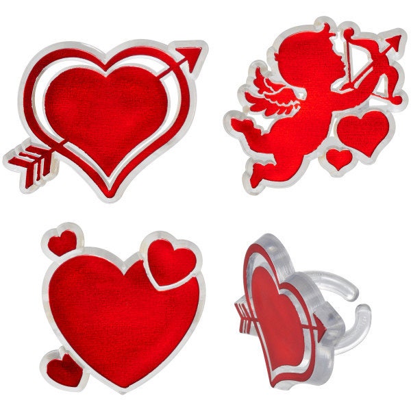 Valentines Day Cupid Heart Rings/ Valentine Cupcake Toppers / 12 Valentine Ring Decorations