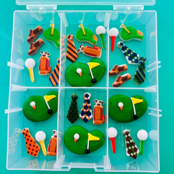 Golf Edible Sugar Icing Pieces Toppers with Case/ Golf Cake decorations/ Golf Birthday Toppers / Golf Cake Topper / Golf Tee Shoes Tie