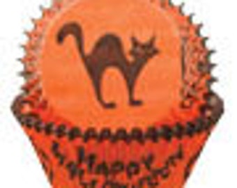 Halloween Cupcake Cups / Jack-O-Lantern Cupcake Liners / Bright Orange and Black Cupcake Cups / Black Cat Cupcake Liners