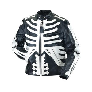 Handmade Halloween Skeleton Leather Jacket, Genuine Cowhide Leather Biker Jacket, Gothic Punk Motorcycle Jacket, Skeleton Costume Outerwear
