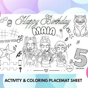 K POP DEMON HUNTERS Birthday placemat / Party Activity Sheet / Party placemat / kpop Party /Custom Kids Birthday coloring page
