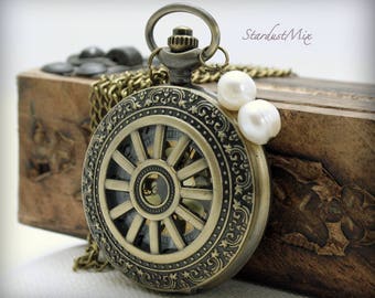Pocket watch necklace locket steampunk watch steampunk jewelry retro vintage watch gift for her boho necklace bohemian jewelry girlfriend
