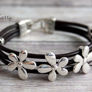 Leather bracelet, punk bracelet, womens bracelet with silver flowers details, handmade jewelry, gift for her, gift for women,leather jewelry
