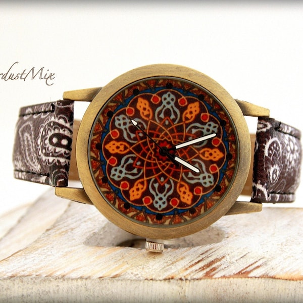 Watch for women with mandala pattern/quirky boho and hippie watch/gift for her/gift for women/bohemian jewelry/festivals jewelry/sister gift