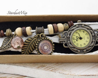 Steampunk womens watch/Leather bracelet watch for women in pure white/tree leaf and brown mandala charm/boho jewelry/boho hippie watch