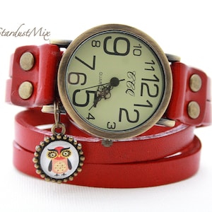 Watches for women/womens watch with punk owl charm/red leather strap watch/steampunk watch/gifts for her/boho hippie watch/Harry Potter