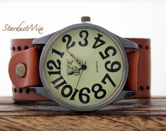 Vintage style steampunk mens watch/unisex watch with brown leather strap and large digits/bohemian boho watch/gift for him/boyfriend gift