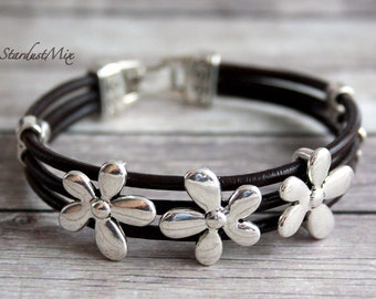 Leather bracelet, punk bracelet, womens bracelet with silver flowers details, handmade jewelry, gift for her, gift for women,leather jewelry
