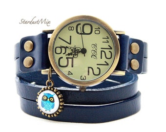 Womens watch leather bracelet vintage watch style boho bracelet gift for her bohemian jewelry steampunk watch sister gift owl jewelry gift