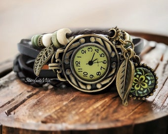 Gift for her watches for women/Steampunk leather watch for women/Gift for mum leather bracelet/hippie vintage style watch girlfriend gift