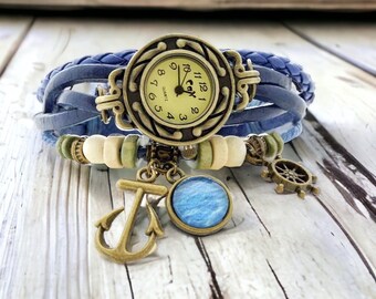 Lederarmband Frauen sehen, Geschenk für sie, Frauenuhren, Damenuhr, Frauenarmbanduhr, boho Uhr, Weinleseuhr, nautische Uhr, retro Uhr