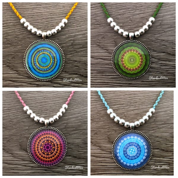Necklace with mandala,leather and silver elements/purple,pink,green,blue mandala boho necklace/beach boho beaded necklace jewelry