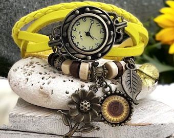 Watches for women Gift for her/Yellow sunflower Leather bracelet womens watch/steampunk boho hippie watch/Christmas gift for women/handmade