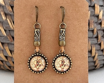 Earrings with bronze and leather elements/Gustav Klimt The tree of Life boho earrings/bohemian dangle earrings/dainty ethnic art earrings