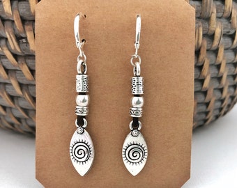 Earrings with silver and leather elements/boho dangle earrings/bohemian beaded earrings/dainty drop earrings/long ethnic earrings for women