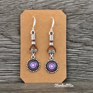 Long purple earrings for women gift for her/leather and silver ethnic earrings/boho dangle earrings/handmade jewelry gift for women