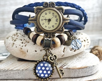 Watches for women Gift for her/Blue polka dots Leather bracelet womens watch/steampunk boho hippie watch/Christmas gift for women/handmade