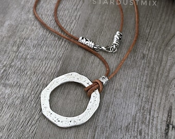 Necklace/Hammered antique silver necklace/boho minimalist leather necklace/boho jewelry/gift for women/gifts for her