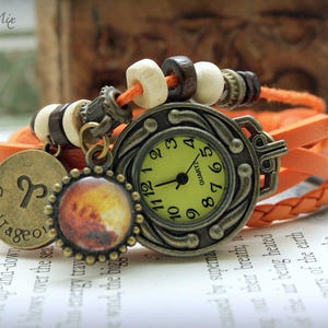 Women watch with Aries zodiac sign charm and ruling planet Mars leather bracelet ladies watch gift for her boho watch festival watch