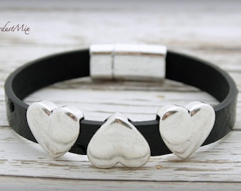 Leather bracelet punk bracelet women men valentine's unisex bracelet with silver love hearts details magnetic closure bracelet leather gift