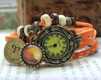 Women watch with Aries zodiac sign charm and ruling planet Mars leather bracelet ladies watch gift for her boho watch festival watch