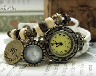 Women watch with Virgo zodiac sign charm and ruling planet Mercury leather bracelet ladies watch gift for her boho watch festival watch