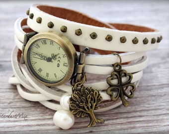 Lederarmband Frauen sehen Geschenk für sie Frauenuhren Damenuhr Frauen sehen Wrap um Damenuhr mit grünem Blatt Charme und passenden Ohrringe