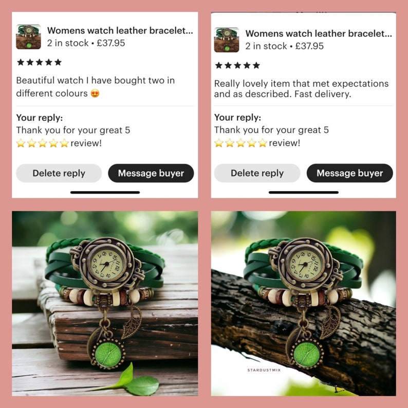 Watches for women green watch leather bracelet vintage boho bracelet with a green leaf gift for her bohemian steampunk watch gift for women image 3