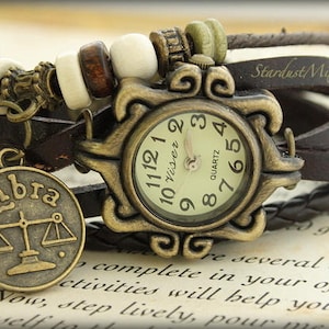 Womens watch/leather bracelet ladies watch with Libra zodiac sign charm/gift for her women/steampunk boho watch/hippie watch/gift for women