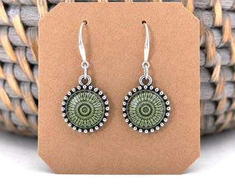 Handmade Green Mandala Sterling Silver Earrings, Minimalist Boho Moroccan Dangles
