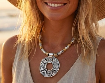 Necklace Gift for her/ leather statement necklace for women/Handmade jewelry/boho ethnic silver gold beads necklace/gift for women necklace