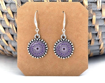 Purple Mandala Handmade Earrings in Sterling Silver, Minimalist Boho Moroccan Dangles