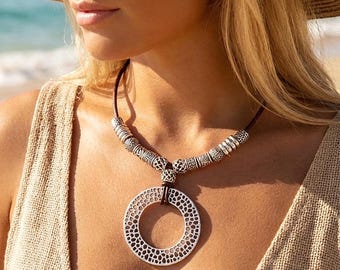 Necklace Leather statement jewelry for women/Handmade jewelry/boho ethnic antique silver beads necklace/gift for women necklace