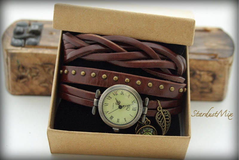 Leather Wrap Watch With Leaf Charm & Matching Earrings - Etsy