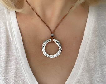 Necklace for women gift for her/Hammered antique silver necklace/boho minimalist leather necklace/boho jewelry/gift for women/gifts for her