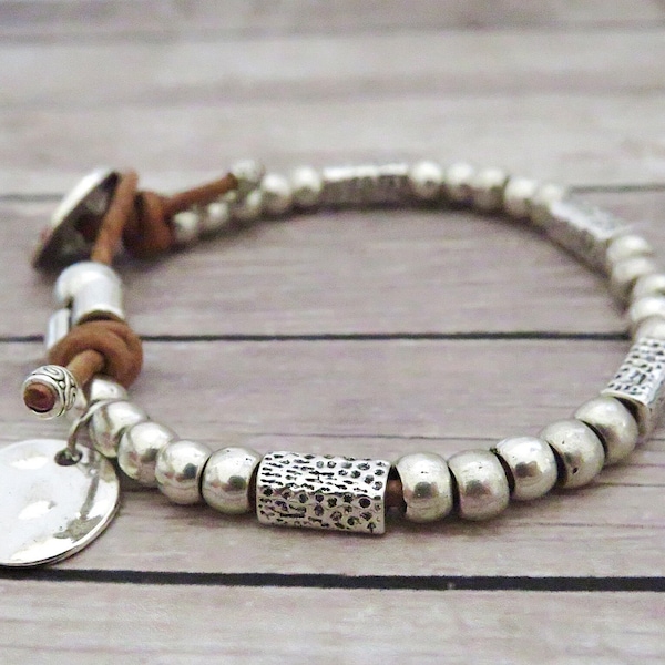 Bracelet Leather Boho jewelry  handmade jewelry beaded bracelet silver gift for women gift for her sister gift for mom beach boho bracelet