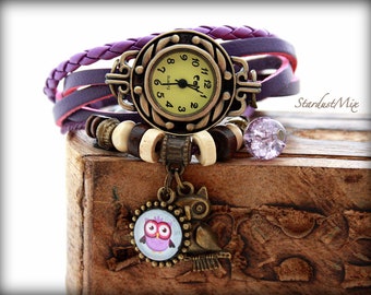 Leather bracelet watch in purple with a cartoon owl character charm,Women and girls watch,boho and punk jewelry,steampunk watch,Harry Potter