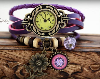 Lederarmband Frauen sehen, Geschenk für sie, Frauenuhren, Damenuhr, Frauenarmbanduhr, boho Uhr, Weinleseuhr, Uhren an