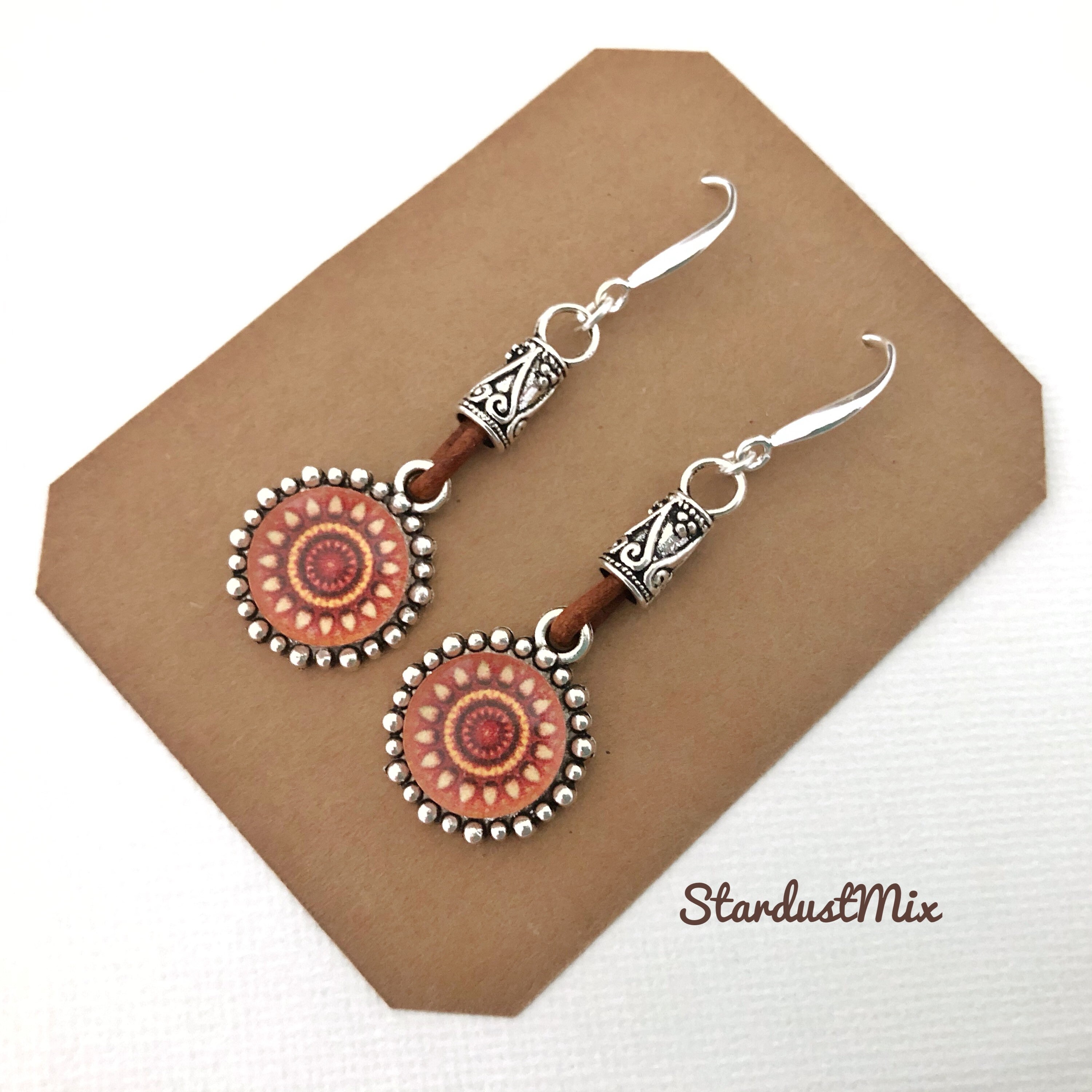 Earrings/silver and Leather Earrings/orange Sunflower Boho - Etsy