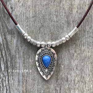 Necklace/Leather and silver necklace/boho coloured stone minimalist necklace/ethnic beaded necklace/boho jewelry/gift for women/gift for her