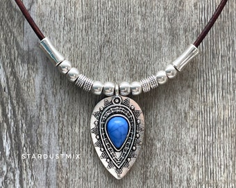Boho Leather Necklace: Silver & Blue Stone Pendant