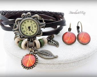 Womens watch leather bracelet vintage watch style boho bracelet gift for her bohemian jewelry steampunk watch sister gift nature jewelry