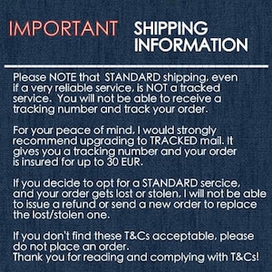 May include: Text on a blue background with the heading "IMPORTANT SHIPPING INFORMATION". The text explains that standard shipping is not tracked and recommends upgrading to tracked mail for peace of mind. It also states that tracked mail includes a tracking number and insurance for up to 30 EUR.