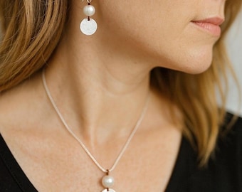 Silver earrings and necklace handmade jewelry set/Bridesmaid gift for her/Christmas gift for mom/Pearl drop earrings handmade gift for women