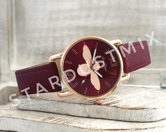 Watches for women with elegant honey bee design/Maroon dress watch/classy boho and hippie watch/gift for her/gift for women/bohemian jewelry